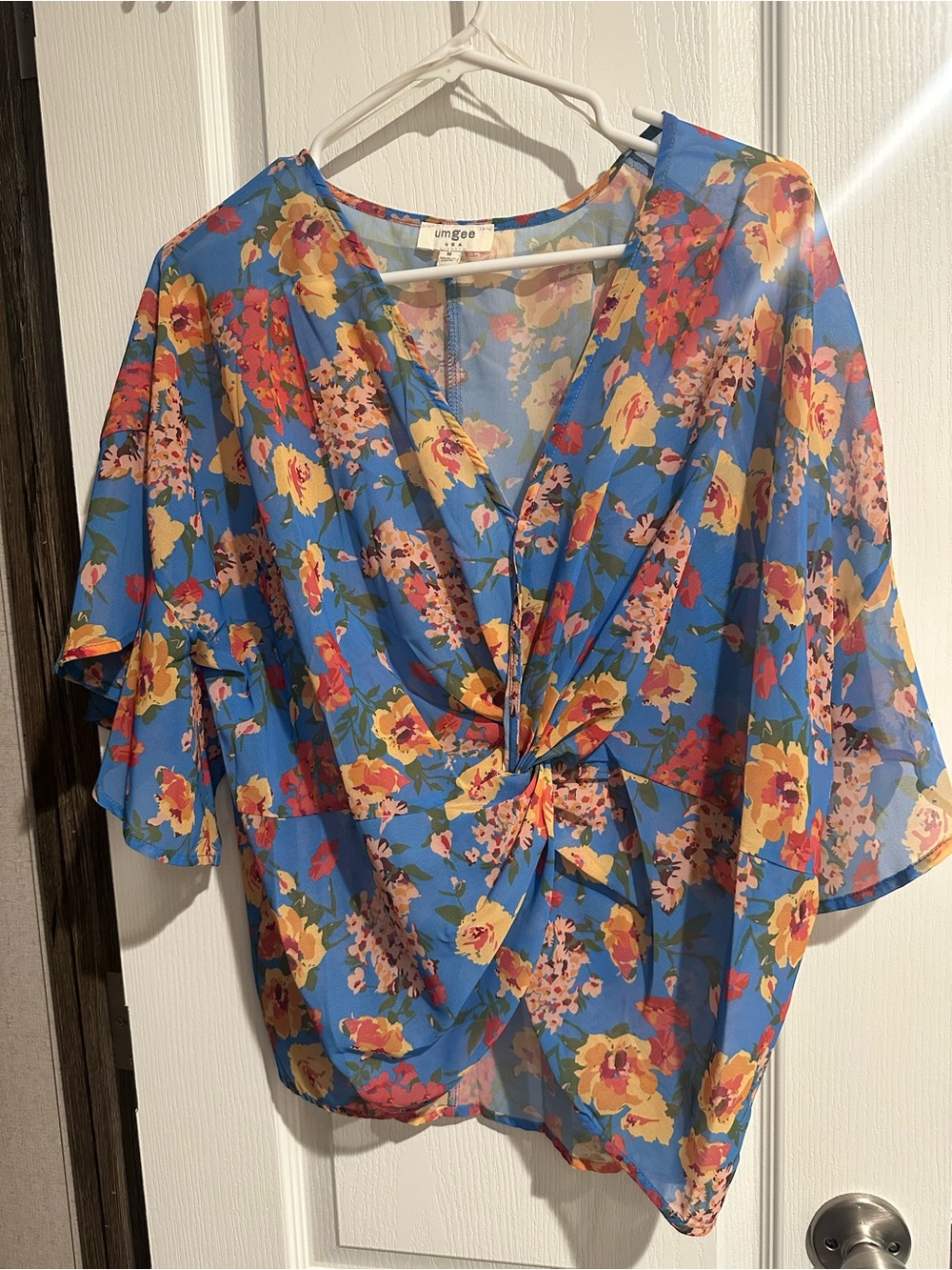 Umgee Blue Floral Twist-Front Blouse